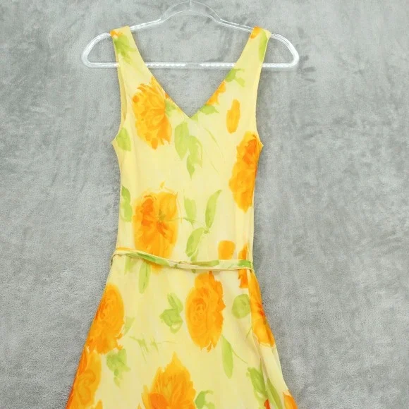 Vintage Mica Dress Women 4 Silk Floral Belted Chiffon Bias Cut 90s Midi Yellow - Picture 6 of 12